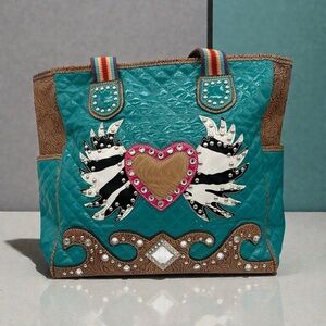 Western Style Turquoise and Brown Women's Bag w/ Calf Hair - Tote, Purse